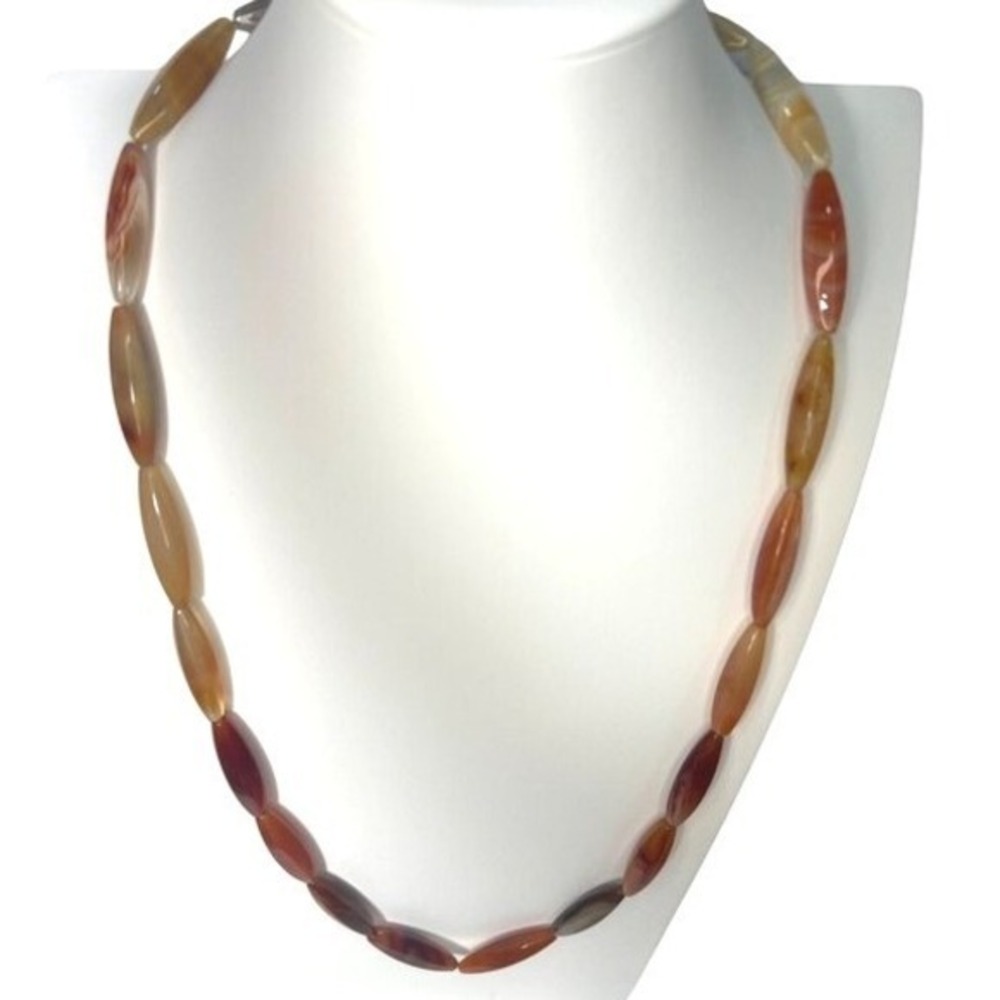 Banded Agate Necklace Carnelian 32" Hexagon Marquise 105g Natural Sterling Clasp
